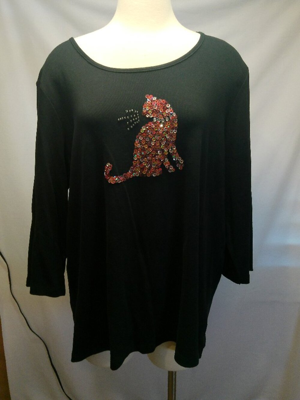 Cat Blouse Quacker Factory Womens Top Cat Sequins Embellished Black Size 1X